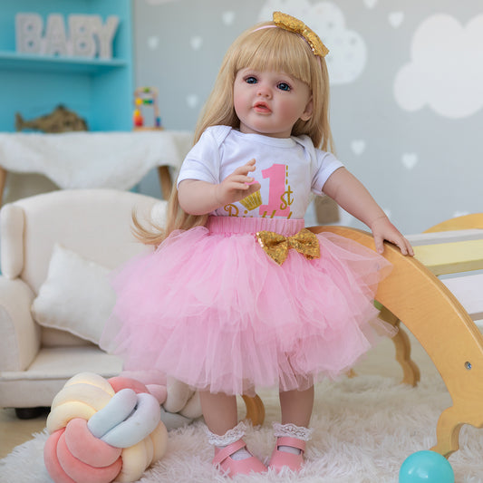 Lifelike Reborn Baby Dolls That Look Real 60CM Standing Toddler Princess Girl Doll Long Blonde Hair Pink Dress Soft Cuddly Body Realistic Newborn Baby Dolls for 3+ Year Old Girls