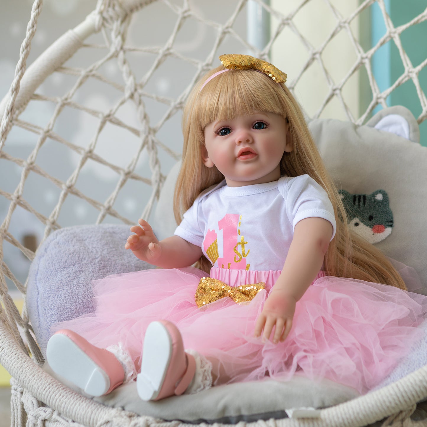 Lifelike Reborn Baby Dolls That Look Real 60CM Standing Toddler Princess Girl Doll Long Blonde Hair Pink Dress Soft Cuddly Body Realistic Newborn Baby Dolls for 3+ Year Old Girls