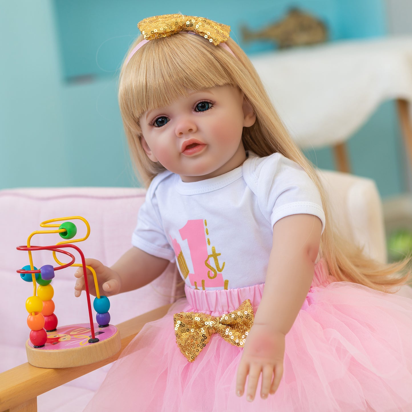 Lifelike Reborn Baby Dolls That Look Real 60CM Standing Toddler Princess Girl Doll Long Blonde Hair Pink Dress Soft Cuddly Body Realistic Newborn Baby Dolls for 3+ Year Old Girls