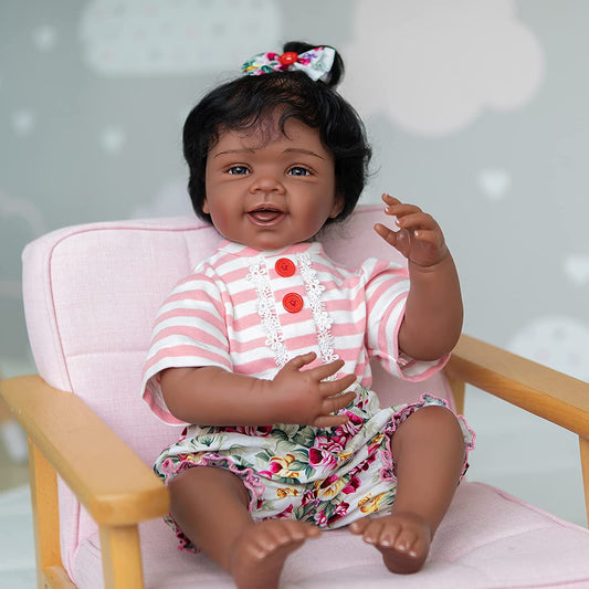 MNMJ lifelike reborn baby dolls black girl - 22-inch baby soft body african american realistic newborn babies dolls smiling girls real life baby dolls with feeding kit kids gift for 3+ year girls