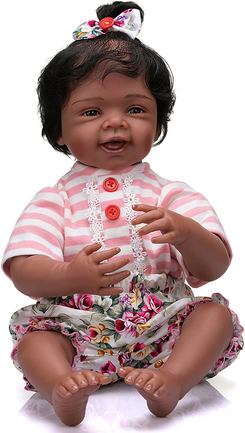 MNMJ lifelike reborn baby dolls black girl - 22-inch baby soft body african american realistic newborn babies dolls smiling girls real life baby dolls with feeding kit kids gift for 3+ year girls