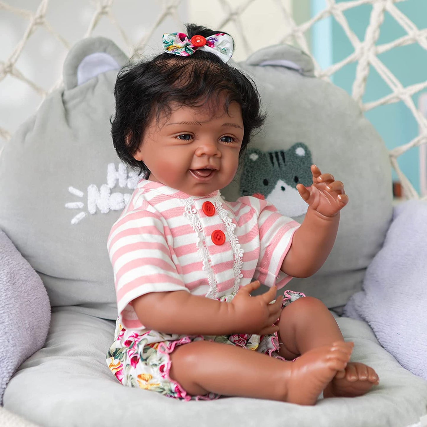 MNMJ lifelike reborn baby dolls black girl - 22-inch baby soft body african american realistic newborn babies dolls smiling girls real life baby dolls with feeding kit kids gift for 3+ year girls