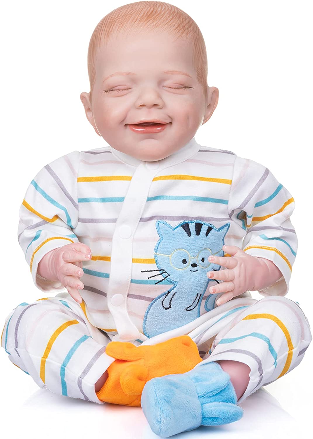 MNMJ lifelike reborn baby dolls sleeping - 22-inch baby soft body realistic-newborn babies dolls weighted cloth body smiling real life baby dolls with feeding kit gift for ages 3+ year olds