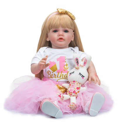 Lifelike Reborn Baby Dolls That Look Real 60CM Standing Toddler Princess Girl Doll Long Blonde Hair Pink Dress Soft Cuddly Body Realistic Newborn Baby Dolls for 3+ Year Old Girls