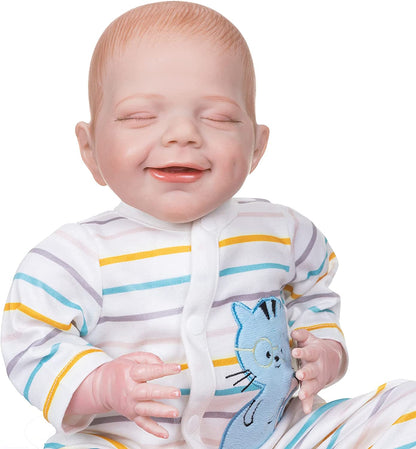 MNMJ lifelike reborn baby dolls sleeping - 22-inch baby soft body realistic-newborn babies dolls weighted cloth body smiling real life baby dolls with feeding kit gift for ages 3+ year olds